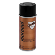 A brown can of Marucci Locked-In Hitter’s Grip Spray (MLKDINHITGRPSPRY) with black text and a black cap, featuring a leather scent, delivers premium grip to enhance batting performance for baseball or softball players.
