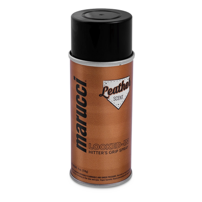 A brown can of Marucci Locked-In Hitter’s Grip Spray (MLKDINHITGRPSPRY) with black text and a black cap, featuring a leather scent, delivers premium grip to enhance batting performance for baseball or softball players.