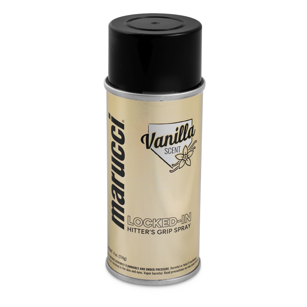 A can of Marucci Locked-In Hitter’s Grip Spray: MLKDINHITGRPSPRY, featuring a silver design with a black cap, vanilla scent label, and a vanilla flower illustration, crafted by Marucci to deliver premium gripping power for your batting grip.