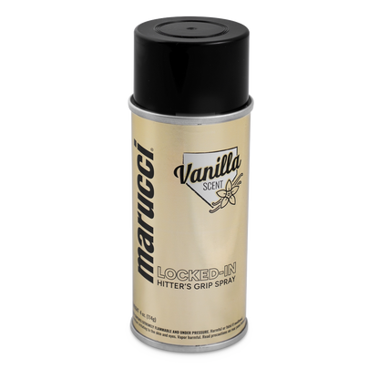 A can of Marucci Locked-In Hitter’s Grip Spray: MLKDINHITGRPSPRY, featuring a silver design with a black cap, vanilla scent label, and a vanilla flower illustration, crafted by Marucci to deliver premium gripping power for your batting grip.