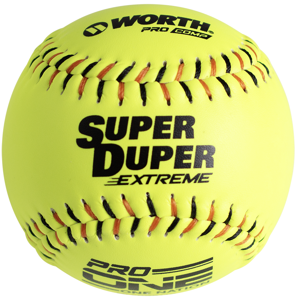 A vibrant yellow Worth One Nation Super Duper Extreme 12" 44/375 composite slowpitch softball features black and orange stitching with "WORTH PRO COMP," "SUPER DUPER EXTREME," and "PRO LINE" printed on its surface.