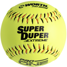 A vibrant yellow Worth One Nation Super Duper Extreme 12" 44/375 composite slowpitch softball features black and orange stitching with "WORTH PRO COMP," "SUPER DUPER EXTREME," and "PRO LINE" printed on its surface.
