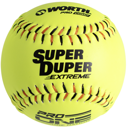 A vibrant yellow Worth One Nation Super Duper Extreme 12" 44/375 composite slowpitch softball features black and orange stitching with "WORTH PRO COMP," "SUPER DUPER EXTREME," and "PRO LINE" printed on its surface.