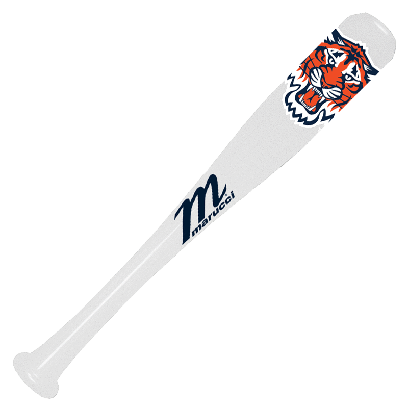The Marucci Detroit Tigers Mini MLB Souvenir Bat (MMLBMMDET) features a white design with a tiger head logo and blue Marucci branding—making it the perfect collectible bat for any fan.