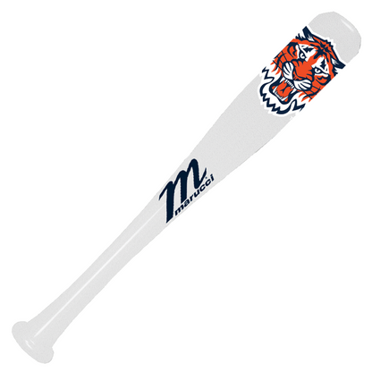 The Marucci Detroit Tigers Mini MLB Souvenir Bat (MMLBMMDET) features a white design with a tiger head logo and blue Marucci branding—making it the perfect collectible bat for any fan.