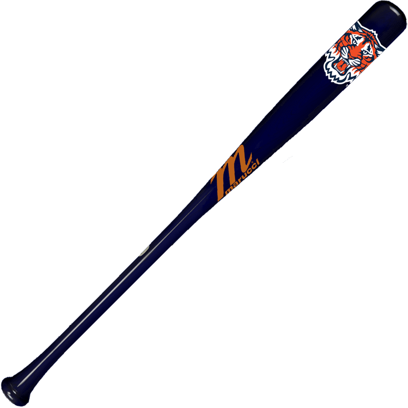 The Marucci Detroit Tigers MLB Souvenir Bat (MMLBSMDET) is a dark blue bat featuring an orange "M" logo and a tiger head graphic near the top end.