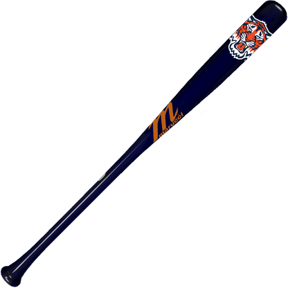 The Marucci Detroit Tigers MLB Souvenir Bat (MMLBSMDET) is a dark blue bat featuring an orange "M" logo and a tiger head graphic near the top end.