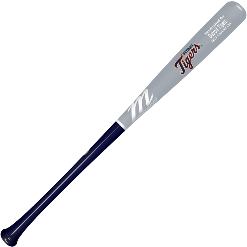 The Marucci Detroit Tigers MLB Souvenir Bat (MMLBSMDET) features a handcrafted design with a dark blue handle, gray barrel, "Tigers" and "M" text—an ideal keepsake for any Detroit Tigers fan.