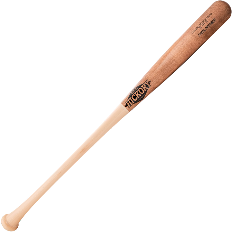 The Old Hickory Matt Olson MO28 Steel Pressed Maple Wood Bat features a light handle, dark barrel, and brand markings near the end. Displayed on a plain light background, it includes a 45-day warranty.