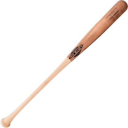 The Old Hickory Matt Olson MO28 Steel Pressed Maple Wood Bat features a light handle, dark barrel, and brand markings near the end. Displayed on a plain light background, it includes a 45-day warranty.
