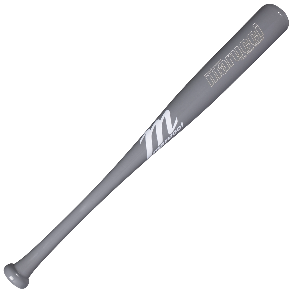 The Marucci One-Hand Trainer Wood Bat (MONEHANDTB-GG) is displayed against a white background, showcasing the Marucci logo and branding in white lettering near the handle and barrel. Designed to help enhance top-hand strength and hand-eye coordination, this gray Marucci bat is ideal for effective practice sessions.