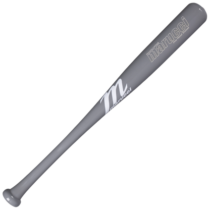The Marucci One-Hand Trainer Wood Bat (MONEHANDTB-GG) is displayed against a white background, showcasing the Marucci logo and branding in white lettering near the handle and barrel. Designed to help enhance top-hand strength and hand-eye coordination, this gray Marucci bat is ideal for effective practice sessions.
