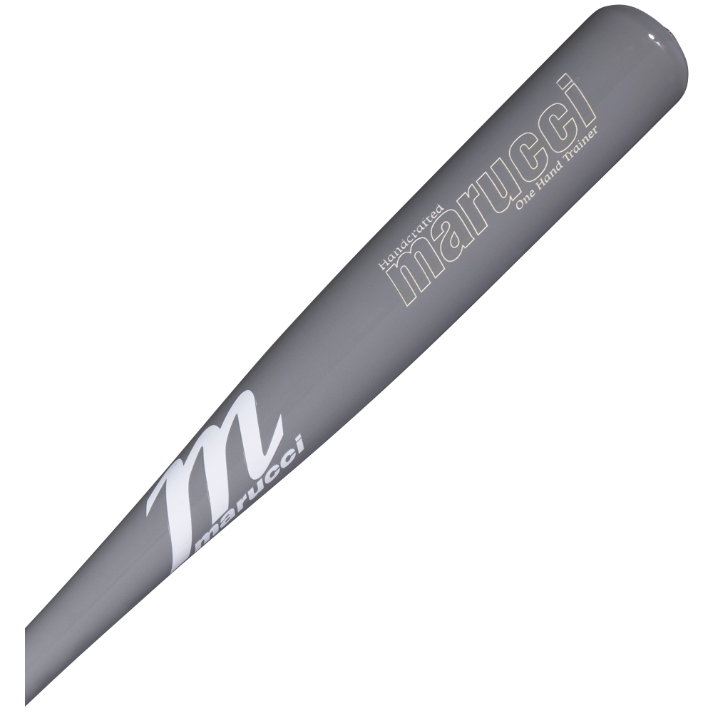 A close-up of the Marucci One-Hand Trainer Wood Bat: MONEHANDTB-GG—a gray training bat with the Marucci brand name and logo printed in white on the barrel—designed to enhance top-hand strength and hand-eye coordination during practice.