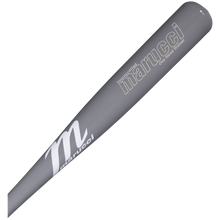A close-up of the Marucci One-Hand Trainer Wood Bat: MONEHANDTB-GG—a gray training bat with the Marucci brand name and logo printed in white on the barrel—designed to enhance top-hand strength and hand-eye coordination during practice.