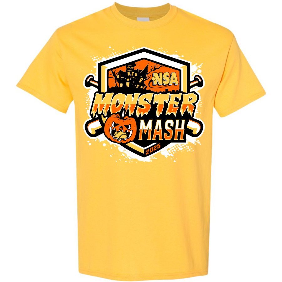 The 2025 NSA Monster Mash Fastpitch Tournament T-Shirt by DSG Apparel features a yellow design with robot, jack-o-lantern, and crossed bats graphics plus bold "NSA Monster Mash 2025" text. Pre-order this perfect tournament shirt now!.