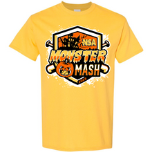 The 2025 NSA Monster Mash Fastpitch Tournament T-Shirt by DSG Apparel features a yellow design with robot, jack-o-lantern, and crossed bats graphics plus bold "NSA Monster Mash 2025" text. Pre-order this perfect tournament shirt now!.