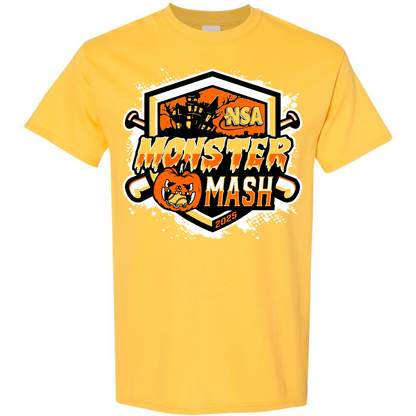 The 2025 NSA Monster Mash Fastpitch Tournament T-Shirt by DSG Apparel features a yellow design with robot, jack-o-lantern, and crossed bats graphics plus bold "NSA Monster Mash 2025" text. Pre-order this perfect tournament shirt now!.