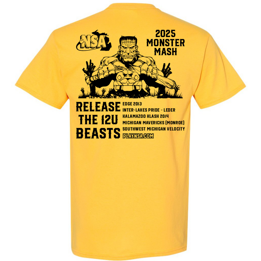 The 2025 NSA Monster Mash Fastpitch Tournament T-Shirt by DSG Apparel features a yellow design with a cartoon monster, event title, "Release the 12U Beasts" team names, and NSA logo—perfect as a pre-order Fastpitch Tournament Shirt.