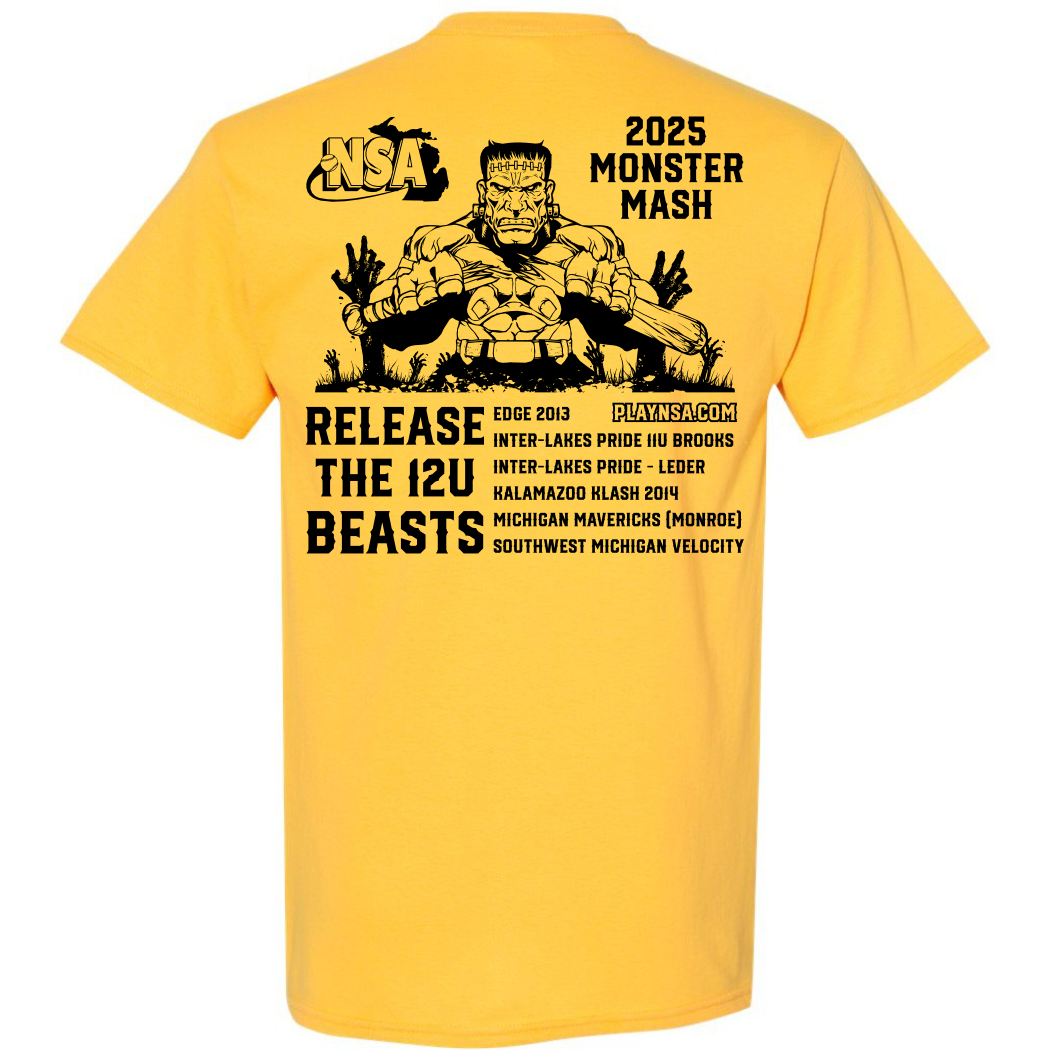Show your team spirit with the DSG Apparel 2025 NSA Monster Mash Fastpitch Tournament T-Shirt! Features a yellow tee, black monster graphic, youth softball teams, NSA and playnsa.com logos. Pre-order this must-have shirt now!.