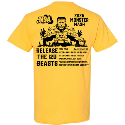 Show your team spirit with the DSG Apparel 2025 NSA Monster Mash Fastpitch Tournament T-Shirt! Features a yellow tee, black monster graphic, youth softball teams, NSA and playnsa.com logos. Pre-order this must-have shirt now!.