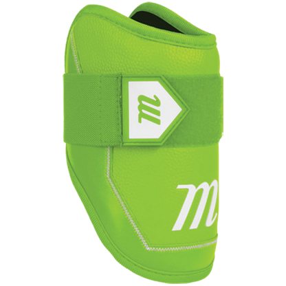 The Marucci D-FLX D30 Elbow Guard (MPDXEG) by Marucci features a bright green shock-absorbing pad, white M logo, matching green Velcro strap, and sleek design with white accent lines and stitching for superior impact protection.
