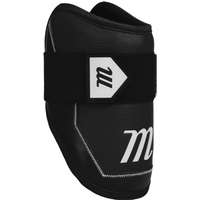 The Marucci D-FLX D30 Elbow Guard features black shock-absorbing material, white stitching, a large black strap with a white stylized “m” logo, and an additional “m” logo on the lower part for enhanced impact protection.