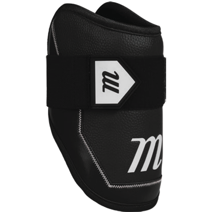 The Marucci D-FLX D30 Elbow Guard features black shock-absorbing material, white stitching, a large black strap with a white stylized “m” logo, and an additional “m” logo on the lower part for enhanced impact protection.