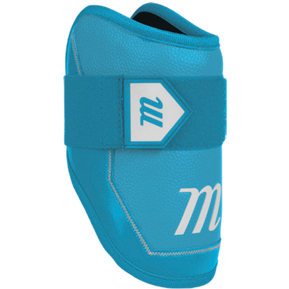 The Marucci D-FLX D30 Elbow Guard (MPDXEG) features blue and white shock-absorbing material for superior impact protection.