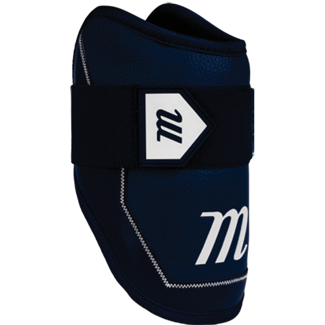The Marucci D-FLX D30 Elbow Guard (MPDXEG) features navy blue D3O shock-absorbing material, white stitching, a black adjustable strap, and a white "m" logo on a shield patch for superior impact protection.
