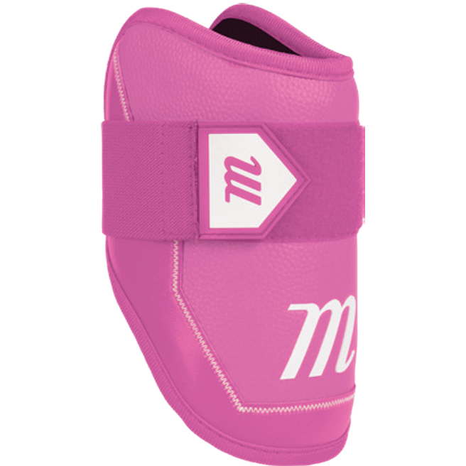 The Marucci D-FLX D30 Elbow Guard (MPDXEG) by Marucci features a bright pink design with a velcro strap, white "m" logo, white stitching, and a textured surface for enhanced impact protection.