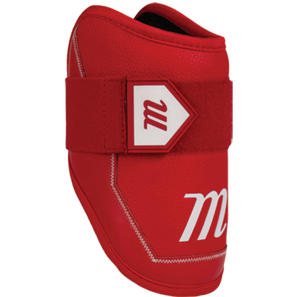 The Marucci D-FLX D30 Elbow Guard (MPDXEG) is a red, shock-absorbing sports guard with white stitching, a Velcro strap, and a stylized white Marucci "M" logo on both the strap and side.