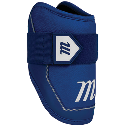 The Marucci D-FLX D30 Elbow Guard (MPDXEG) is a blue protective guard with a white Marucci "M" logo and black Velcro strap, featuring impact protection, textured material, and white stitched accents for added design and durability.