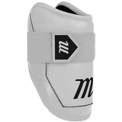 The Marucci D-FLX D30 Elbow Guard (MPDXEG) is a white protective sports elbow guard with black stitching, a black "m" logo, shock-absorbing material, and an adjustable gray strap with matching logo patch for impact protection.