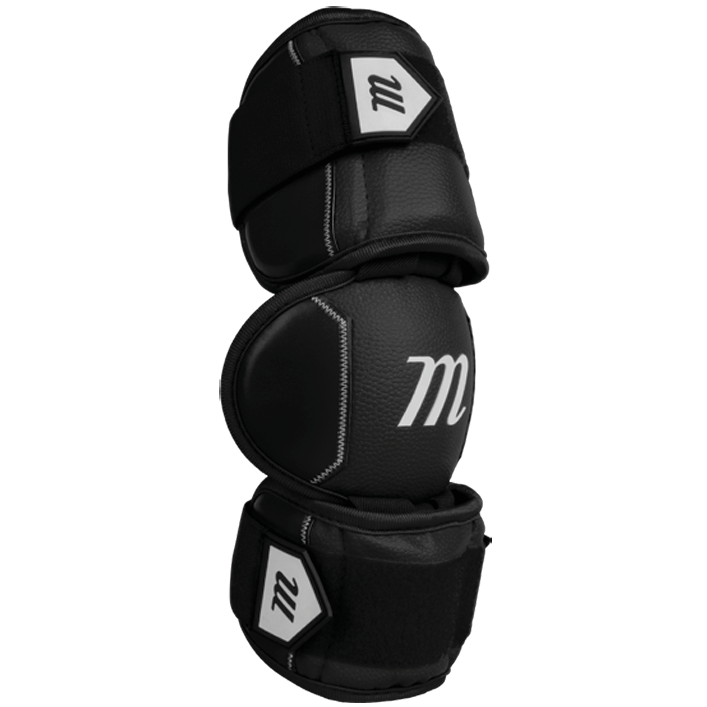 The Marucci D-FLX D30 Full Coverage Elbow Guard (MPDXEGF) features three padded sections, shock-absorbing design, white Marucci logos, and adjustable Velcro straps for impact protection during sports.