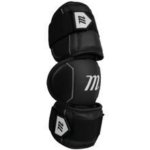 The Marucci D-FLX D30 Full Coverage Elbow Guard (MPDXEGF) features three padded sections, shock-absorbing design, white Marucci logos, and adjustable Velcro straps for impact protection during sports.