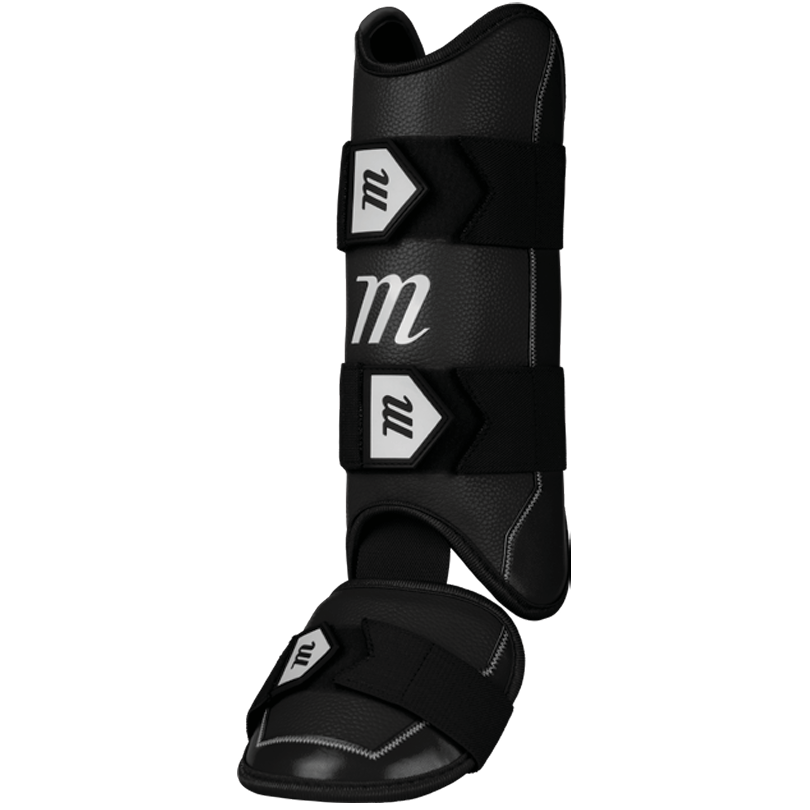 The Marucci D-FLX D30 Leg Guard (MPDXLG) by Marucci features black shock-absorbing material, white stitching, three black straps, and a white "M" logo for leg and hoof protection during riding or training.