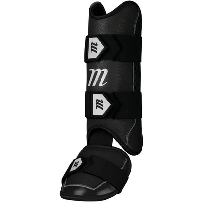 The Marucci D-FLX D30 Leg Guard (MPDXLG) by Marucci features black shock-absorbing material, white stitching, three black straps, and a white "M" logo for leg and hoof protection during riding or training.