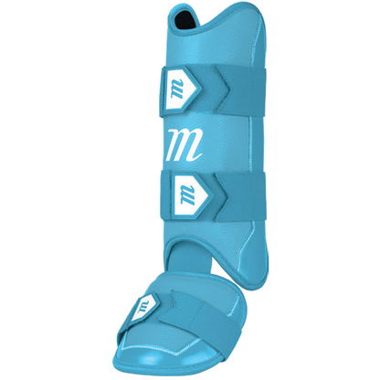 The Marucci D-FLX D30 Leg Guard (MPDXLG) by Marucci is a blue, shock-absorbing protective boot with three velcro straps, each displaying a white M logo, designed to shield the horse’s leg from below the knee to the hoof.