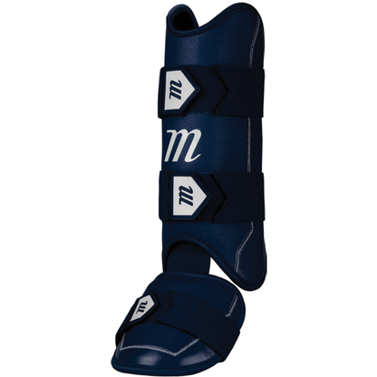 The Marucci D-FLX D30 Leg Guard: MPDXLG is a navy blue leg guard with two Velcro straps, a foot cover, shock-absorbing D3O material, and a white Marucci “M” logo on each strap and the main body for top impact protection.