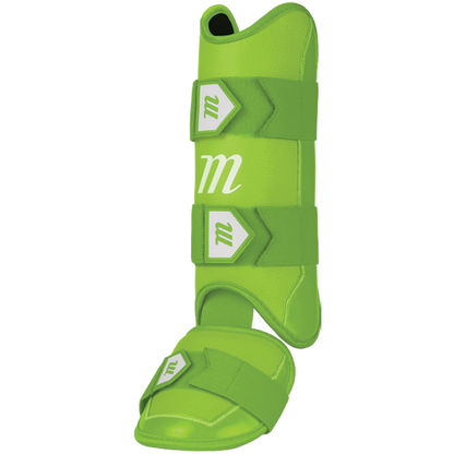 The Marucci D-FLX D30 Leg Guard (MPDXLG) is a bright green horse boot with a D3O guard, three large Velcro straps on top, one below—all with a white m logo—designed for advanced leg and hoof impact protection.