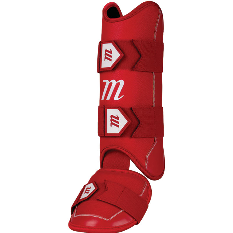 Marucci D-FLX D30 Leg Guard: MPDXLG is a red leg guard with two adjustable straps, impact-absorbing padding, and the white Marucci "M" logo on each strap and the upper guard.