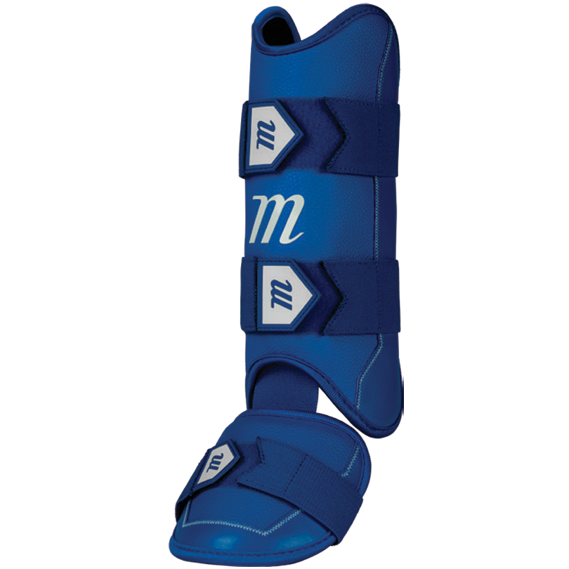 The Marucci D-FLX D30 Leg Guard: MPDXLG is a blue horse leg boot with two adjustable straps on the leg, one on the hoof, white m logos on each strap and the side, and shock-absorbing material for added impact protection.