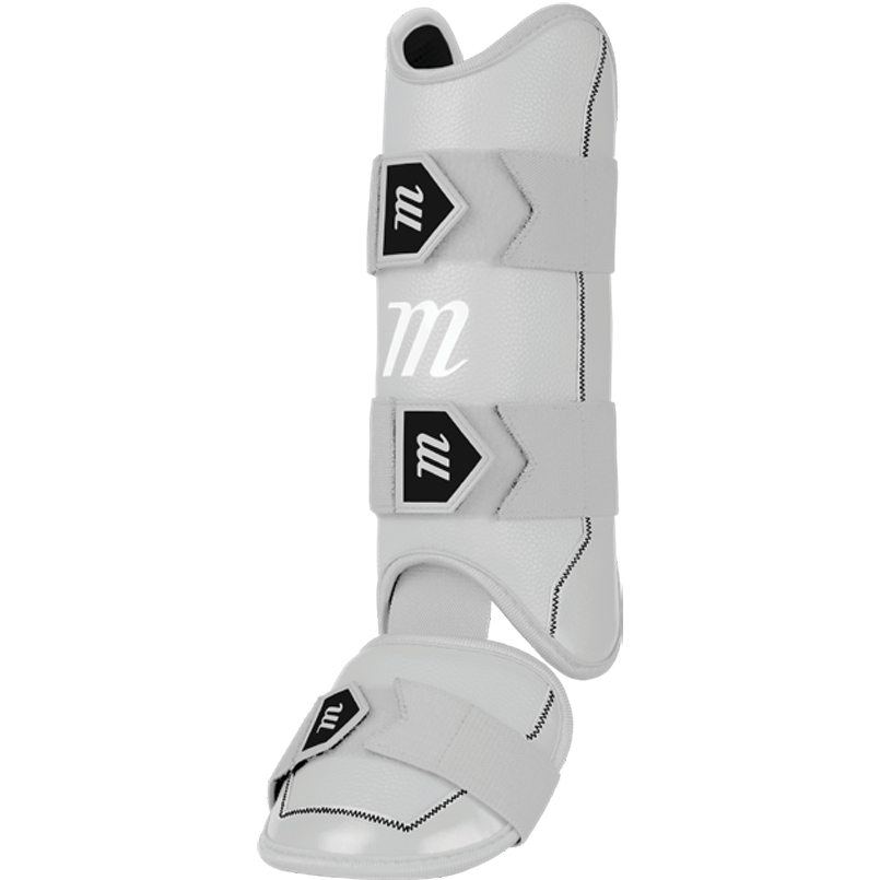 The Marucci D-FLX D30 Leg Guard: MPDXLG by Marucci is a gray leg protection boot with three black and white velcro straps, featuring shock-absorbing material for superior horse leg and hoof support, safety, and impact protection.