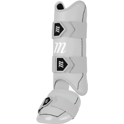 The Marucci D-FLX D30 Leg Guard: MPDXLG by Marucci is a gray leg protection boot with three black and white velcro straps, featuring shock-absorbing material for superior horse leg and hoof support, safety, and impact protection.