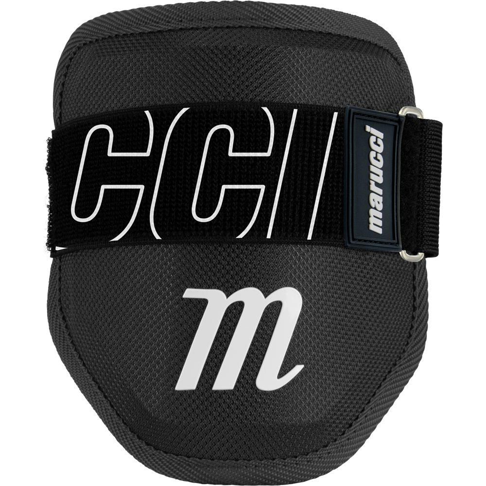 The Marucci Elbow Guard (MPELBGRD4) features a black protective PE shell, a breathable moisture-wicking liner, a white "M" logo, a black strap with white "CCI" letters and small Marucci label—shown against a plain background.