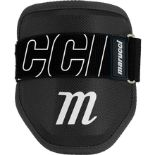 The Marucci Elbow Guard (MPELBGRD4) features a black protective PE shell, a breathable moisture-wicking liner, a white "M" logo, a black strap with white "CCI" letters and small Marucci label—shown against a plain background.