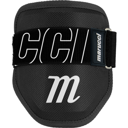 The Marucci Elbow Guard (MPELBGRD4) features a black protective PE shell, a breathable moisture-wicking liner, a white "M" logo, a black strap with white "CCI" letters and small Marucci label—shown against a plain background.