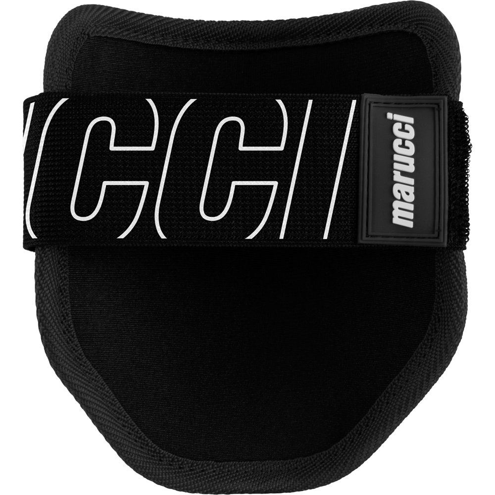 The Marucci Elbow Guard: MPELBGRD4 by Marucci is a black and white guard with white text, featuring a protective PE shell and moisture-wicking liner for comfort.