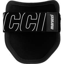 The Marucci Elbow Guard: MPELBGRD4 by Marucci is a black and white guard with white text, featuring a protective PE shell and moisture-wicking liner for comfort.