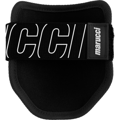 The Marucci Elbow Guard: MPELBGRD4 by Marucci is a black and white guard with white text, featuring a protective PE shell and moisture-wicking liner for comfort.
